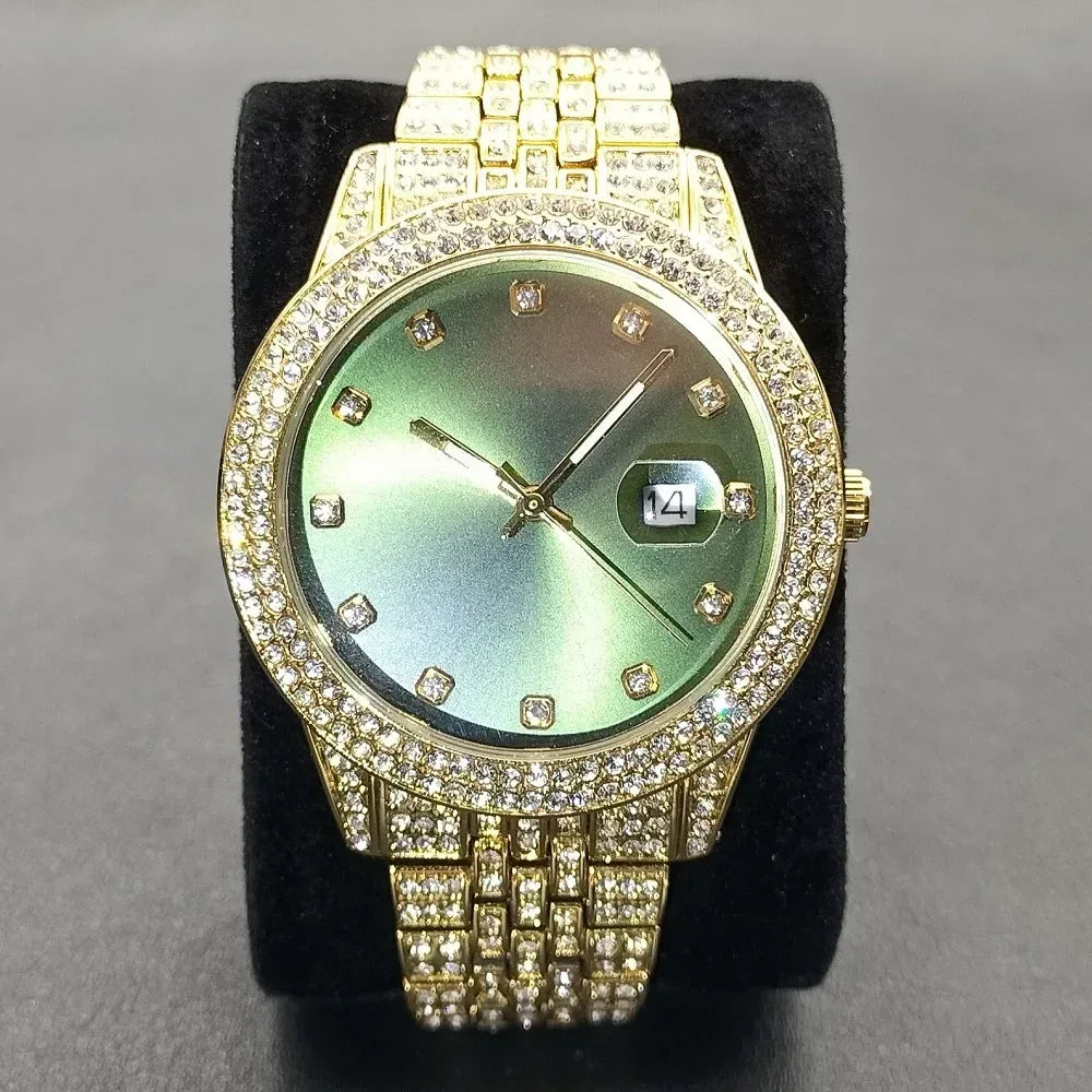 Luxury Men's Green Dial Stainless Steel Watch | Shockproof Waterproof Quartz Clock | Classic Calendar Iced Out Watch | Caratix - CaratixJewelry
